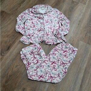 Btween Girls Pink Bow Print Fleece Pajama Set Size 6 Coquette Ruffle Sleepwear
